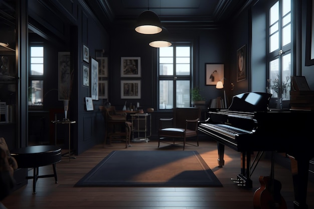 A dark room with a piano and a lamp on the wall.