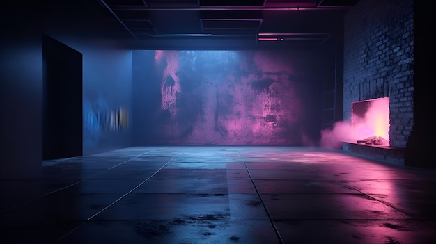 A dark room with a pink and blue light on the wall and a smoke trail in the corner.