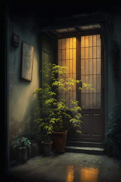 A dark room with a plant on the left and a window with the words " the word " on the right. "