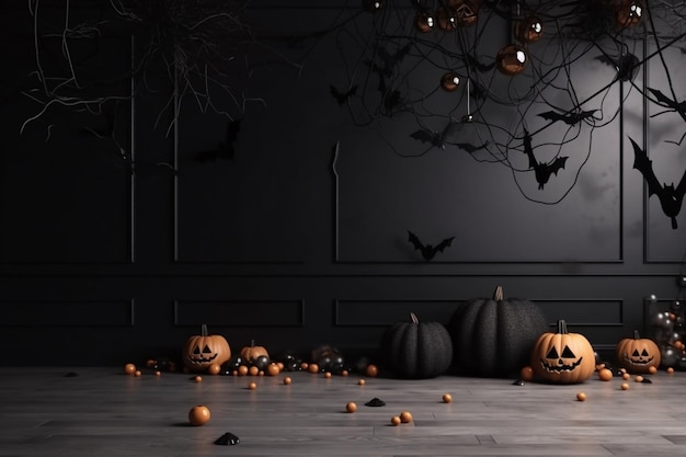 A dark room with pumpkins and bats on the floor and a black background with bats.