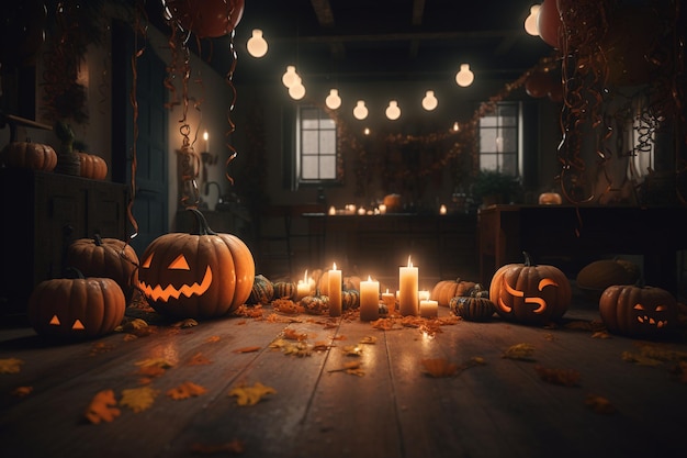 A dark room with pumpkins and candles on the floor and a lit up pumpkin with the words halloween