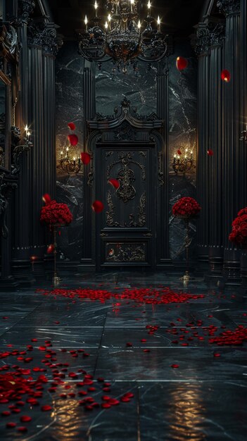 a dark room with a red flower petals on the floor and a large black door with a red rose petals on the floor