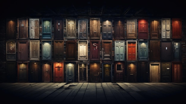 A dark room with a row of doors and a red door.