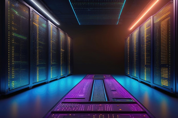 A dark room with rows of server racks and blue and purple lights