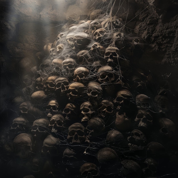 A dark room with a spider web of skulls and bones