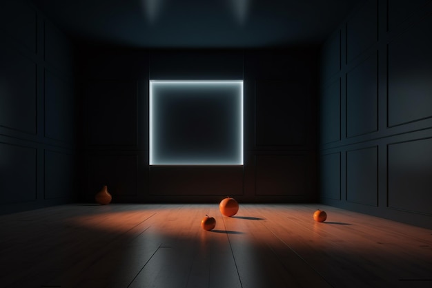 A dark room with a square frame that says'ball '