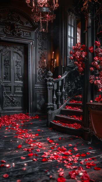 a dark room with a staircase covered in red flowers