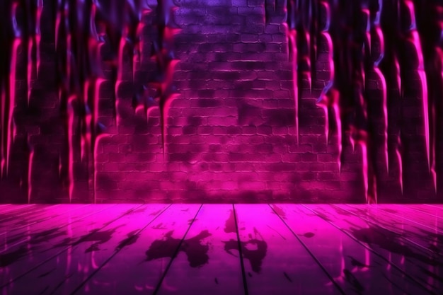 A dark room with a staircase and a purple light.