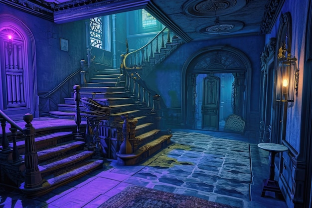 a dark room with stairs and flowers Solve riddles in haunted mansion