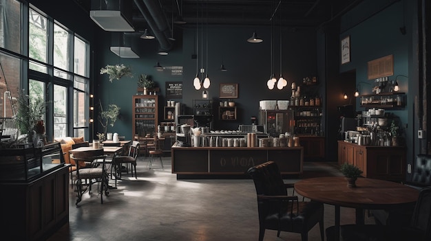 A dark room with a table and chairs and a sign that says'coffee '