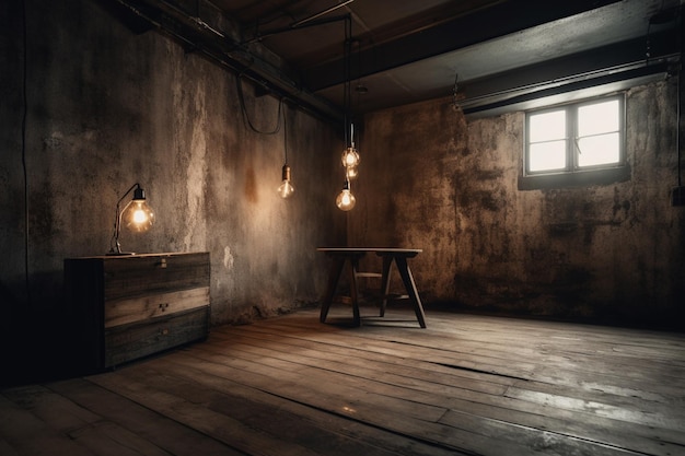 A dark room with a table and lights hanging from the ceiling.