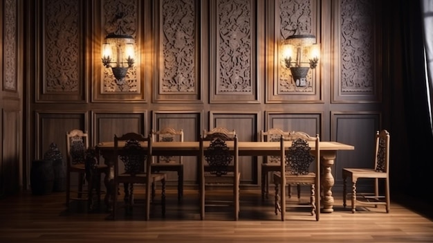 A dark room with a table and lights on the wall