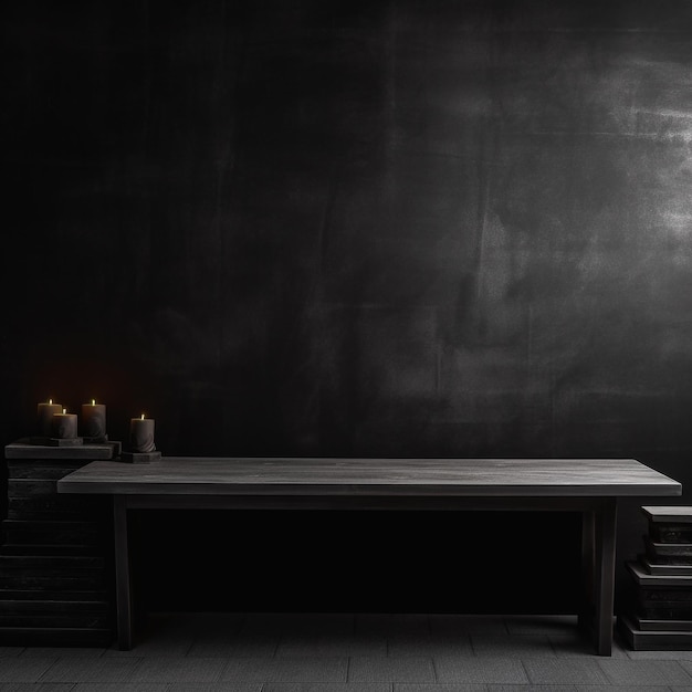 A dark room with a table and some candles on it