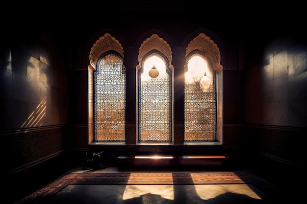 A dark room with three arched windows with the sun shining through them.