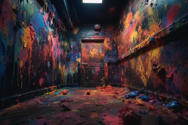 A dark room with a wall covered in colorful paint and a door that says'holi'on it