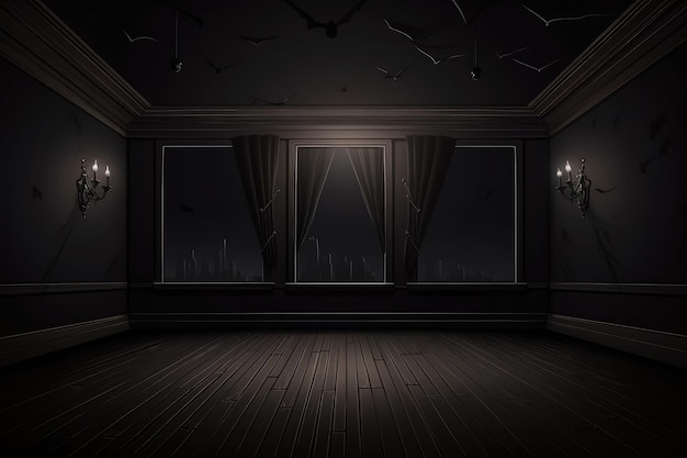 Dark room with a window and curtains