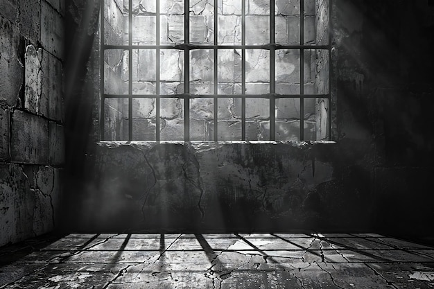 a dark room with a window and a light shining through it