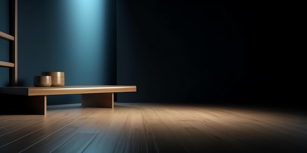 A dark room with a wooden bench on the floor and a light on the wall.