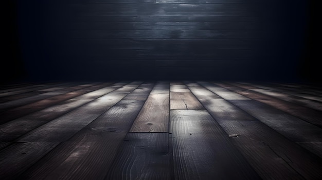 A dark room with a wooden floor and a dark background.