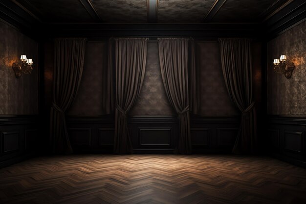 A dark room with a wooden floor and a dark brown curtain.