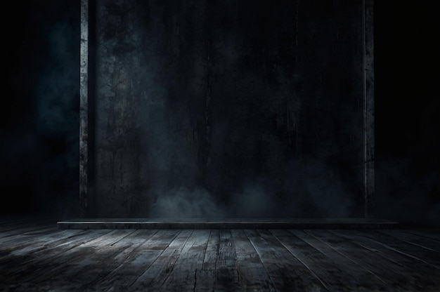 Photo dark room with a wooden floor and a dark wall with smoke coming out of it