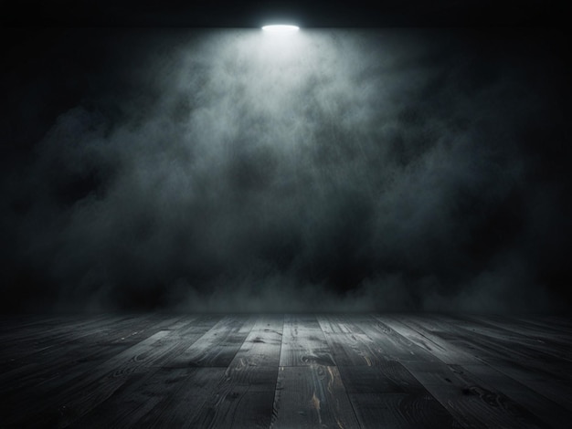 a dark room with a wooden floor and a light shining on it