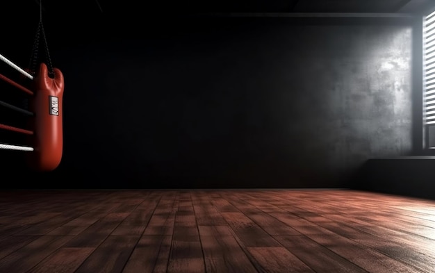 A dark room with a wooden floor and a light on the wall