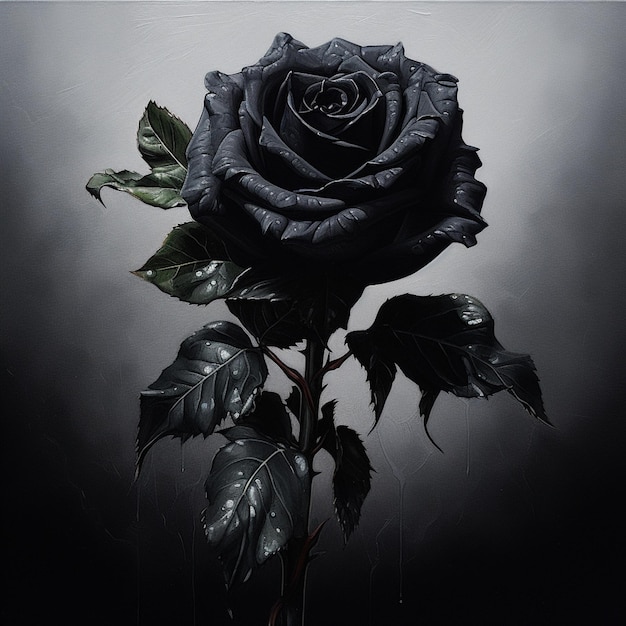 A dark rose with a green leaf on it