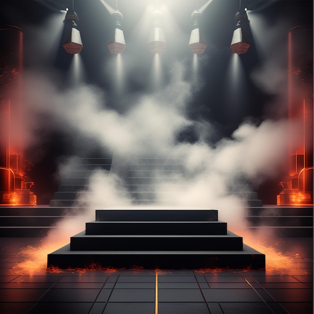 dark round podium beside cinematic smoky environment