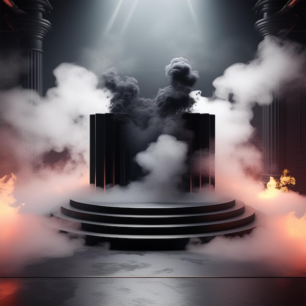 dark round podium beside cinematic smoky environment