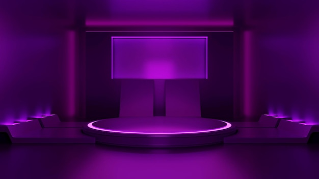 Dark round podium for product presentation with linear lamps around realistic 3D abstract backgroundsillustration