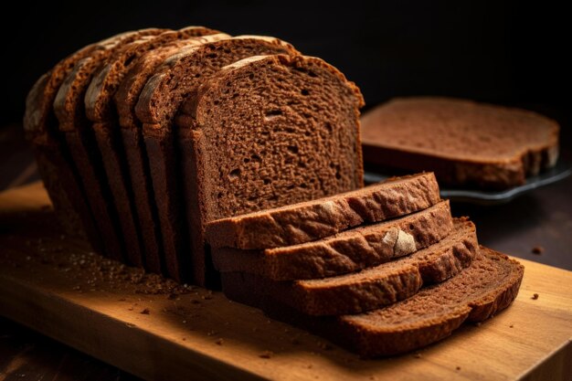 Dark Rye bread slice on wooden board natural Generate Ai