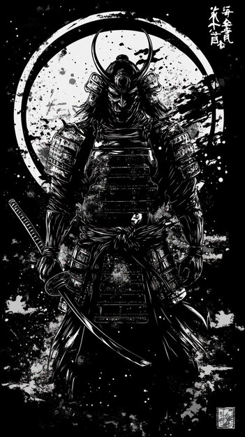 Photo dark samurai a red moon in the background