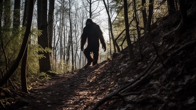 A dark scary concept Of a mysterious bigfoot figure walking through a forest generative ai