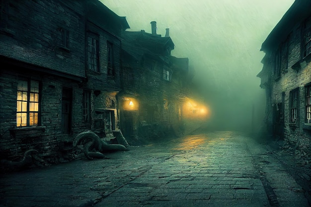 Dark and scary medieval street with lanterns fog dusk digital art