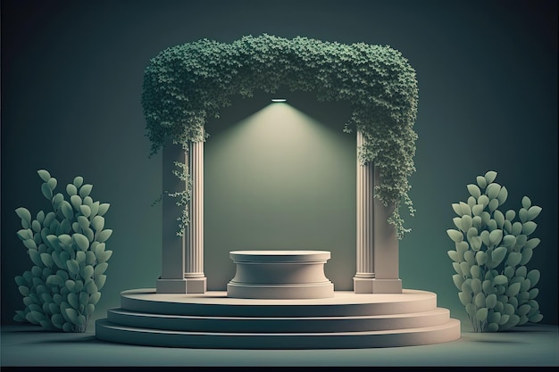 Dark Scene with geometric shapes leaves 3D stage for displaying a product Ai generated