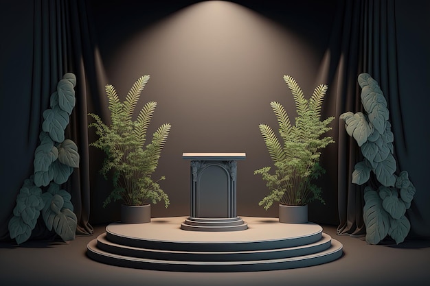 Dark Scene with geometric shapes leaves 3D stage for displaying a product Ai generated