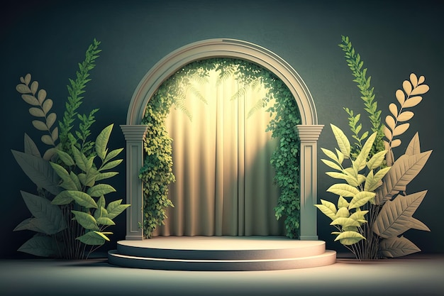 Dark Scene with geometric shapes leaves 3D stage for displaying a product Ai generated