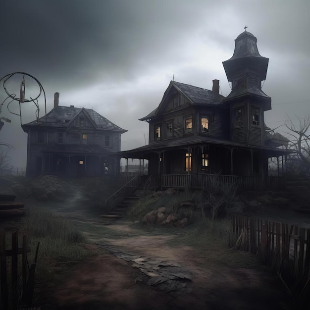 A dark scene with a house and a windmill on the left side.