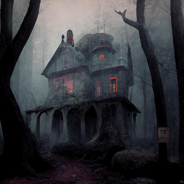 Dark scene with mystical atmosphere fogmist dark scary mood with ahouse in the woods dark clouds and sky illustration for use in movies games and books