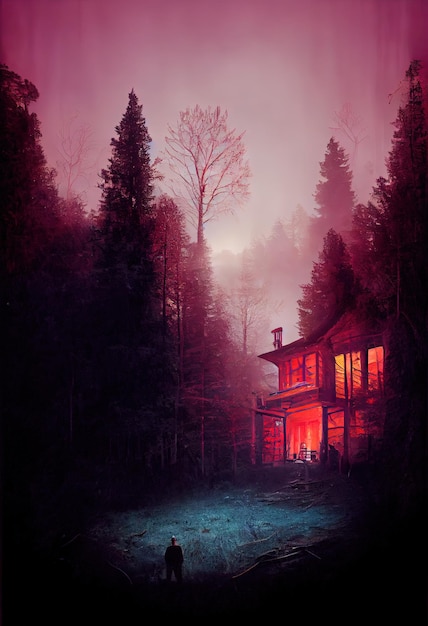 Dark scene with mystical atmosphere fogmist dark scary mood with ahouse in the woods dark clouds and sky illustration for use in movies games and books