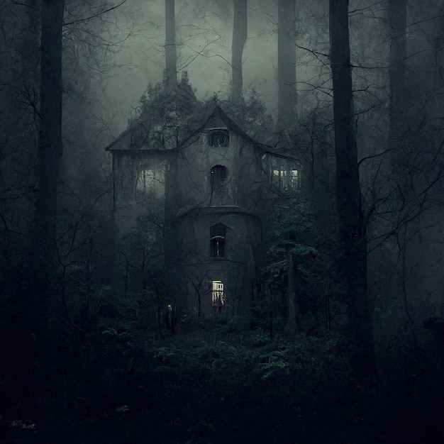 Dark scene with mystical atmosphere fogmist dark scary mood with ahouse in the woods dark clouds and sky illustration for use in movies games and books