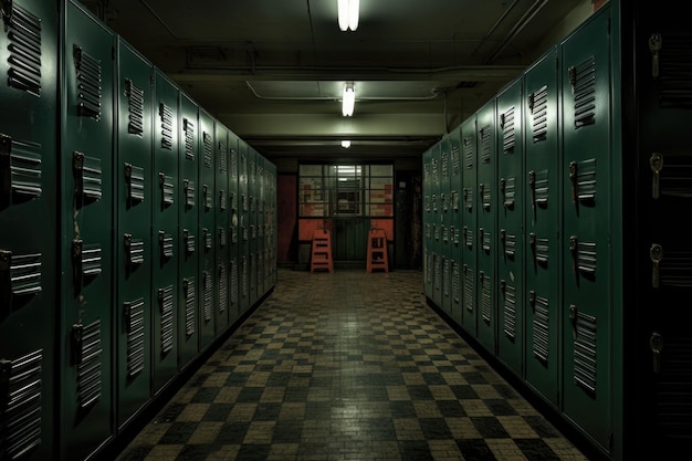 Dark school hallway with old dirty lockers Generative AI illustration