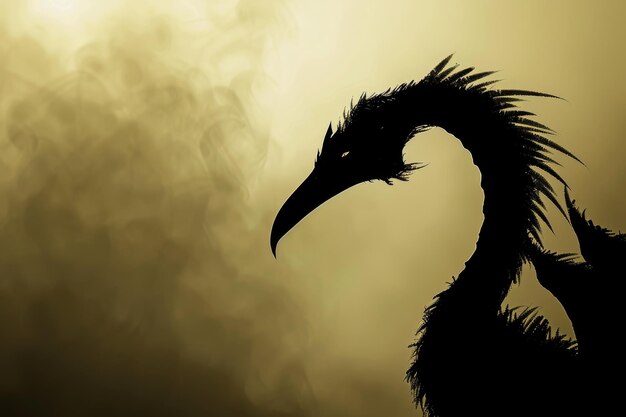 A dark silhouette of a bird with a long beak and feathery head against a misty sunset A creature with an unmistakable silhouette