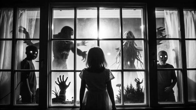 Dark silhouette of girl behind glass Locked alone in room behind door on Halloween in grayscale