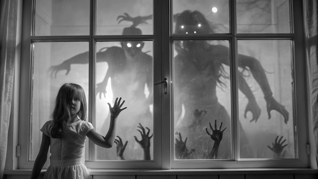 Photo dark silhouette of girl behind glass locked alone in room behind door on halloween in grayscale