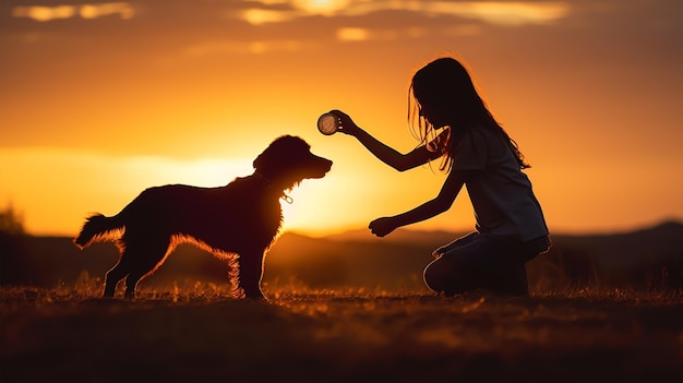 dark silhouette image of a women playing fetch with dog