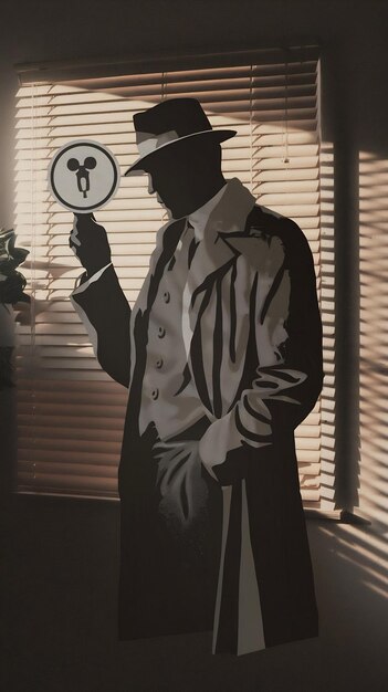 Photo the dark silhouette of a male detective in a coat and hat shows a secret sign in the noir style a d