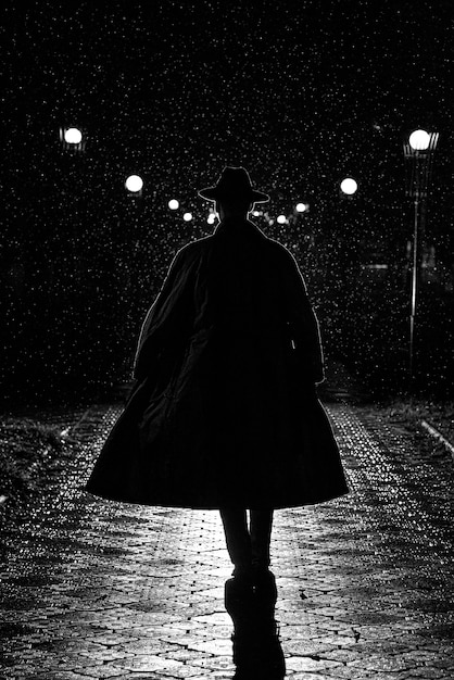 Dark silhouette of a man in a coat and hat in the rain on a night street in the city in the style of Noir