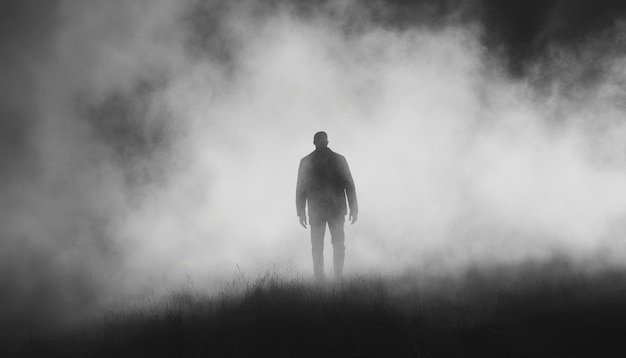 Photo dark silhouette of a man emerging from dense fog